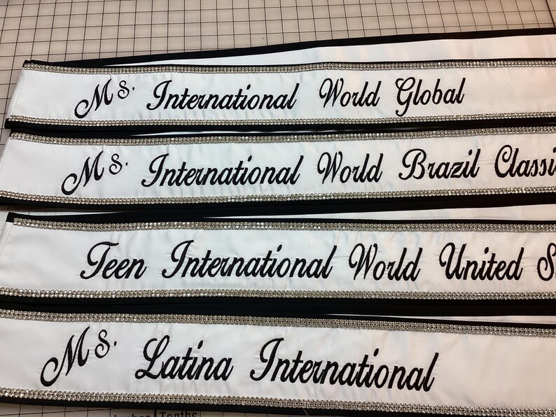 Custom Pageant Sash: White Satin, Black Trim, Rhinestone Detail image 3