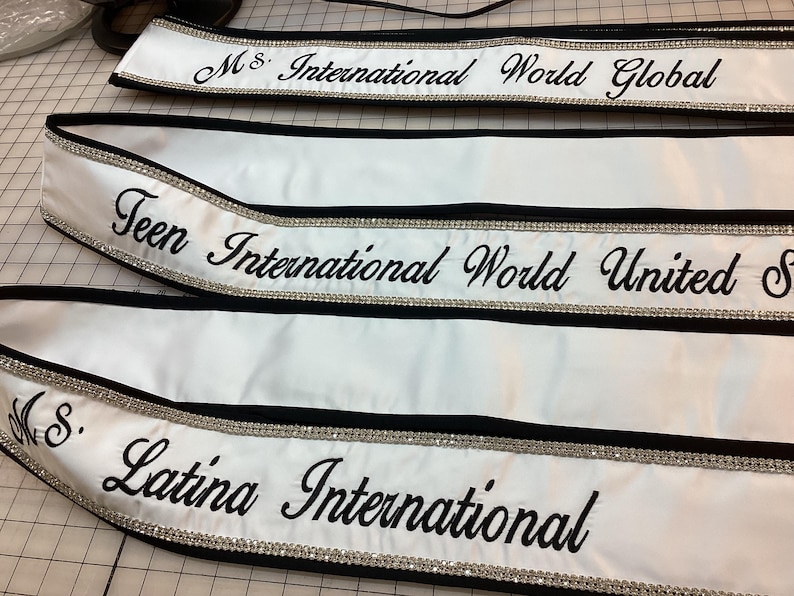 Custom Pageant Sash: White Satin, Black Trim, Rhinestone Detail image 1