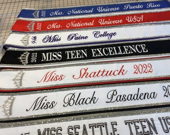 Pageant sashes / heavyweight satin / Silver Rhinestones Front only  / Design your Pageant sash