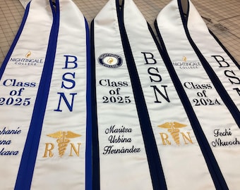 Nightingale College Graduation Stole: BSN, RN, Caduceus/ made as posted only / No adding any extra wording on this design