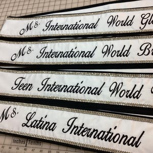 Custom Pageant Sash: White Satin, Black Trim, Rhinestone Detail image 2