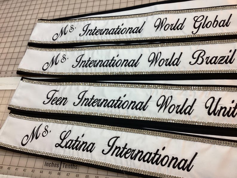 Custom Pageant Sash: White Satin, Black Trim, Rhinestone Detail image 2