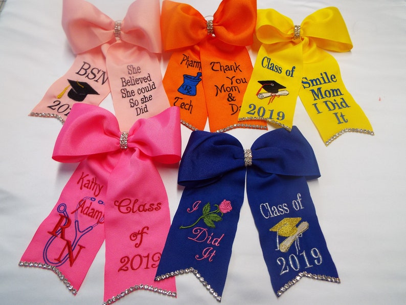 Graduation Bows with Crystal Rhinestones Grosgrain Ribbon12 colors to pick from Hoop attached Design your Bow