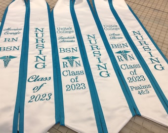 Graduation stoles Slanted only /7 vertical letters on one side /Other side College Name/your name/3 Letters/Caduceus RN  C/O 202X