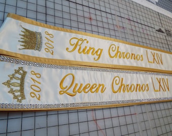 Pageant King or Queen Sash: Diamond Rhinestone Mesh, Metallic Crowns