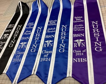 Graduation stoles slanted /Nursing vertical /College name /your name /3 Letters Horizontal/Caduceus with RN/C/O 20XX/No adding extra wording