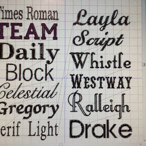 May include: A gridded sheet with different font styles and names. The fonts include Times Roman, TEAM, Daily, Block, Celestial, Gregory, Serif Light, Layla Script, Whistle, WESTWAY, Raleigh, and Drake.