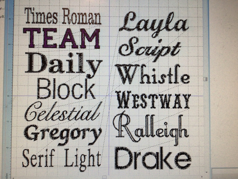May include: A gridded sheet with different font styles and names. The fonts include Times Roman, TEAM, Daily, Block, Celestial, Gregory, Serif Light, Layla Script, Whistle, WESTWAY, Raleigh, and Drake.