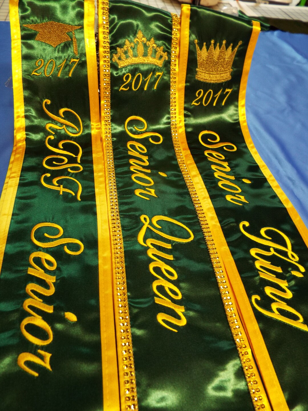 Pageant Sashes /hunter Green Satin / Shinny Gold Trim/ Gold Thread/diamond Rhinestones Mesh