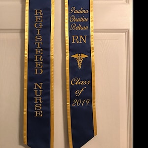 Graduation Stoles Slanted /Registered Nurse on one side / school name Or  Your Name / RN Caduceus /C/O 20XX / only NO add on