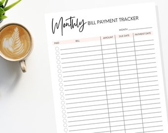 Monthly Bill Payment Tracker Printable | Bill Pay Checklist Organizer | Bill Log Planner | Instant Download