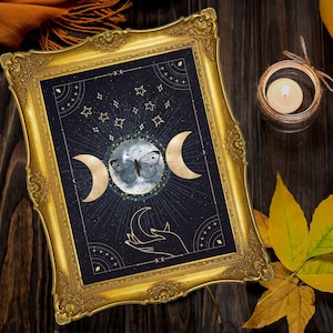 Triple Moon Goddess Print, Triple Moon, Triple Goddess Art, Sun Goddess Art, New Moon Magic, Blue Moon Sign, Celestial Moon Art