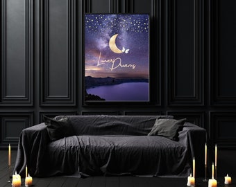 May include: A black and white photo of a night sky with a crescent moon and stars. The text "Lunar Dreams" is written in gold script below the moon. The photo is framed and hanging on a black wall.