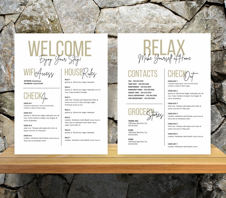May include: A printable welcome and house rules sign for guests, with a gold and black color scheme. The sign includes information about WiFi access, check-in and check-out procedures, house rules, contact information, and local grocery stores.