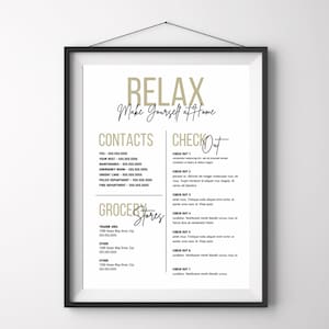 May include: A printable checklist for a home stay with contact information, grocery store details, and check-out instructions. The text "RELAX Make Yourself at Home" is at the top of the page.