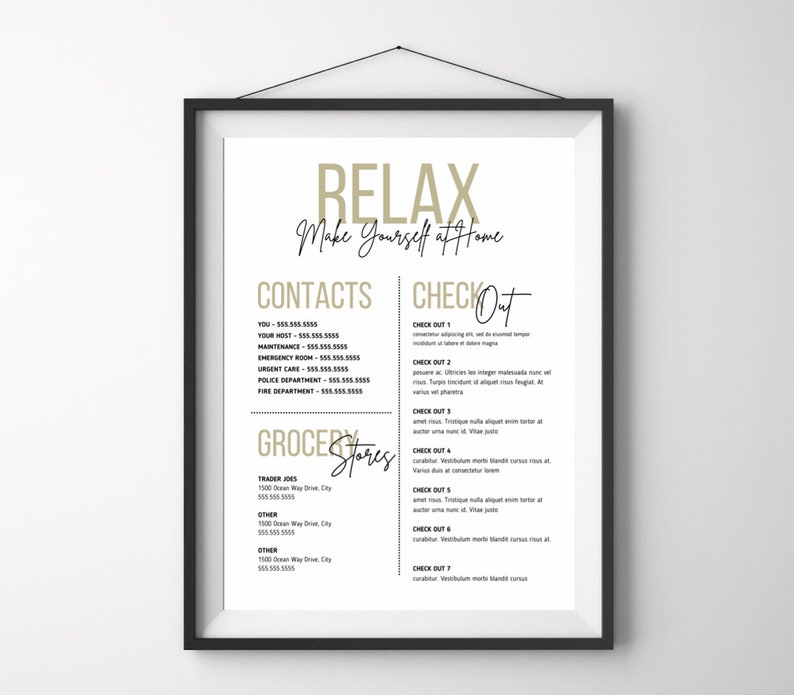 May include: A printable checklist for a home stay with contact information, grocery store details, and check-out instructions. The text "RELAX Make Yourself at Home" is at the top of the page.