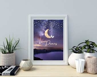 May include: A white framed print with a purple and blue night sky background. The print features a crescent moon, stars, and two butterflies. The text "Lunar Dreams" is written in gold script.
