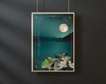 May include: A framed print with a dark blue background featuring a crescent moon, a lake, and a green luna moth with white flowers. The print has a gold geometric design with a repeating pattern of circles and stars.