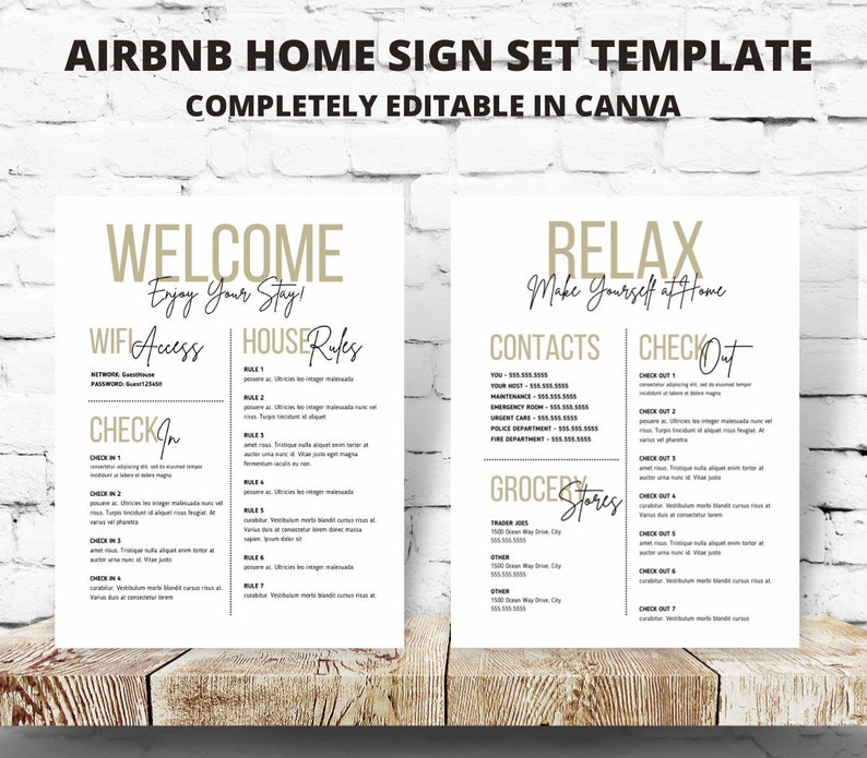 May include: Two printable signs for an Airbnb rental. The first sign is titled "Welcome" and includes information about WiFi access, house rules, and check-in instructions. The second sign is titled "Relax" and includes contact information, grocery store locations, and check-out instructions.