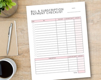 Monthly Bill Payment Tracker Printable | Bill Pay Checklist Organizer | Bill Log Planner | Instant Download