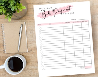 Monthly Bill Payment Tracker Printable | Bill Pay Checklist Organizer | Bill Log Planner | Instant Download