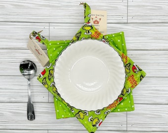 2 Microwave Bowl Cozies FEELING GRINCHY Christmas Reversible Bowl Hugger Soup Bowl Hot Pad Hot Cold Bowl Cosy Professionally Designed Hanger