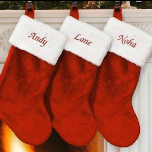 CUSTOM Personalized Embroidered or vinyl Red plush Christmas Stockings with ANY NAME