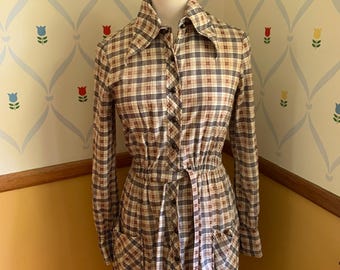 ヴィンテージ ヤング エドワード ドレス チェック柄 ボヘミアン ボタンフロント L/S ベルト付き