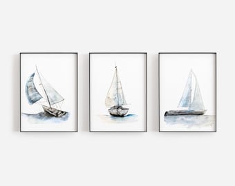 Sailing ship set / 3 watercolors / nautical theme / Reproduction / minimalist style / Cynthia Paquette