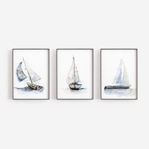 Sailing ship set / 3 watercolors / nautical theme / Reproduction / minimalist style / Cynthia Paquette