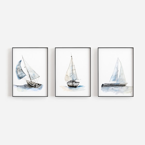 Ensemble illustrations voiliers / Art mural nautique / cadres bord de mer / affiches décoratives de bateaux aquarelles