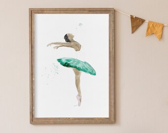 Illustration aquarelle ballerine - Art mural ballerine tutu vert - Danseuse de ballet - Décoration chambre de fille