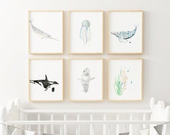 Marine set / Marine animals / 6 illustrations / Ocean / made in Quebec / art / minimalist style / Cynthia Paquette