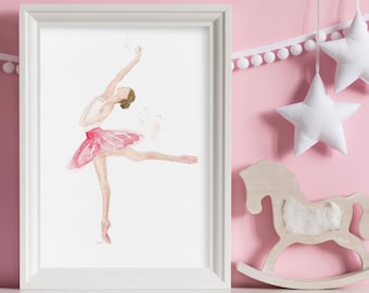 Ballerina watercolor illustration - Pink ballerina wall art - Ballet dancer - Arabesque - Girl's room decoration