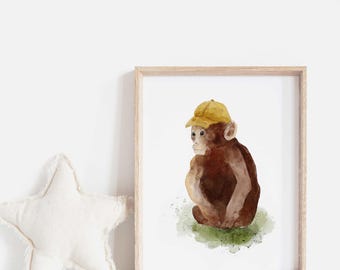 Aap in pet-poster | Leuke en schattige illustratie voor kinderkamer | Jungle kunst aan de muur en tropisch decor