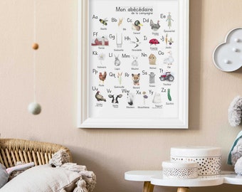 ABC print, children's alphabet print, farm animal educational poster