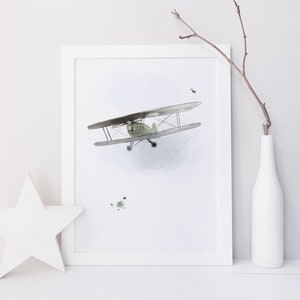 Vintage Green Biplane Front View Print | Retro Wall Art for Kids’ Room | Timeless Aviation Decor and Classic Airplane Illustration