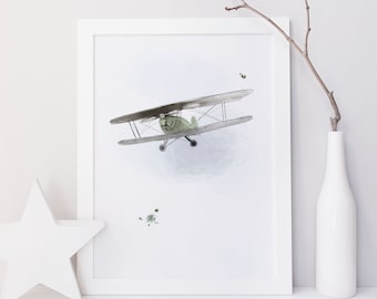 Green airplane Illustration / Old plane / Biplane / Decorative poster for children's room / playroom