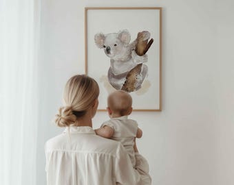 Póster de un koala curioso en una rama | Ilustración en acuarela | Arte de pared con temática de bosque para la habitación de un bebé (niño o niña) | Póster impreso