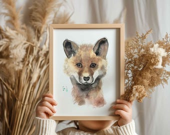 Cartel de cara de zorro | Ilustración de pared para habitación infantil | Decoración natural y ambiente forestal | Arte de pared suave y relajante