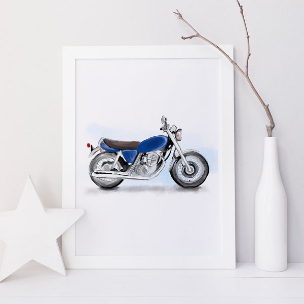 Motor/voertuig/blauwe illustratie/kinderkamer/speelkamer decorposter/aanpasbaar