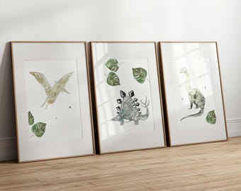 Dinosaur Trio Prints | Boys&#39; and Kids&#39; Room Wall Art | Dinos - Monstera | Green, Navy Prints | Prehistoric - Nature Decor