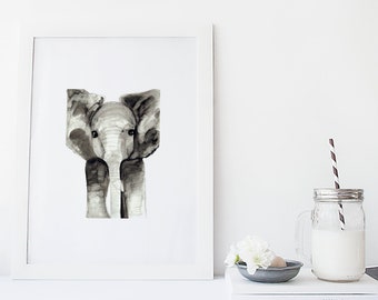 Elephant poster / baby elephant / baby animal / watercolor / handmade / made in Quebec / art / minimalist style / nursery / Cynthia Paquette