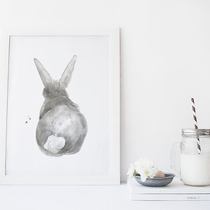 Cartel de conejo desde atrás / flores / animal / acuarela / hecho a mano / hecho en Quebec / arte / estilo minimalista / Cynthia Paquette imagen 2