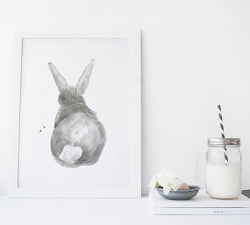 Cartel de conejo desde atrás / flores / animal / acuarela / hecho a mano / hecho en Quebec / arte / estilo minimalista / Cynthia Paquette imagen 2