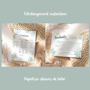 Duo cardboard predictions and eucalyptus wishes / pregnancy and birth stationery in French / baby shower / baby shower games