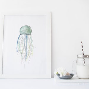 Jelly fish poster / marine animal / seabed / watercolor / handmade / made in Quebec / art / minimal style / Cynthia Paquette image 1