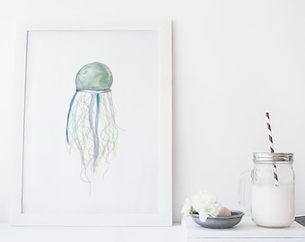 Jelly fish poster / marine animal / seabed / watercolor / handmade / made in Quebec / art / minimal style / Cynthia Paquette