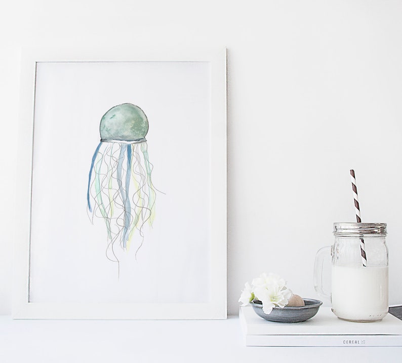 Jelly fish poster / marine animal / seabed / watercolor / handmade / made in Quebec / art / minimal style / Cynthia Paquette image 1