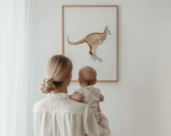 Jumping Kangaroo Print | Energetic Australian Wildlife Art for Kids' Room | Nature-Inspired Wall Decor